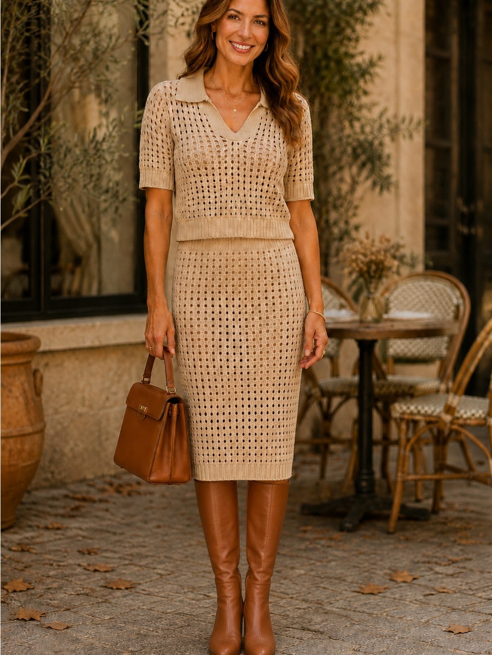 Willow & Wind Beige Crochet Knit Polo Top Midi Skirt Two Piece Sweater Set